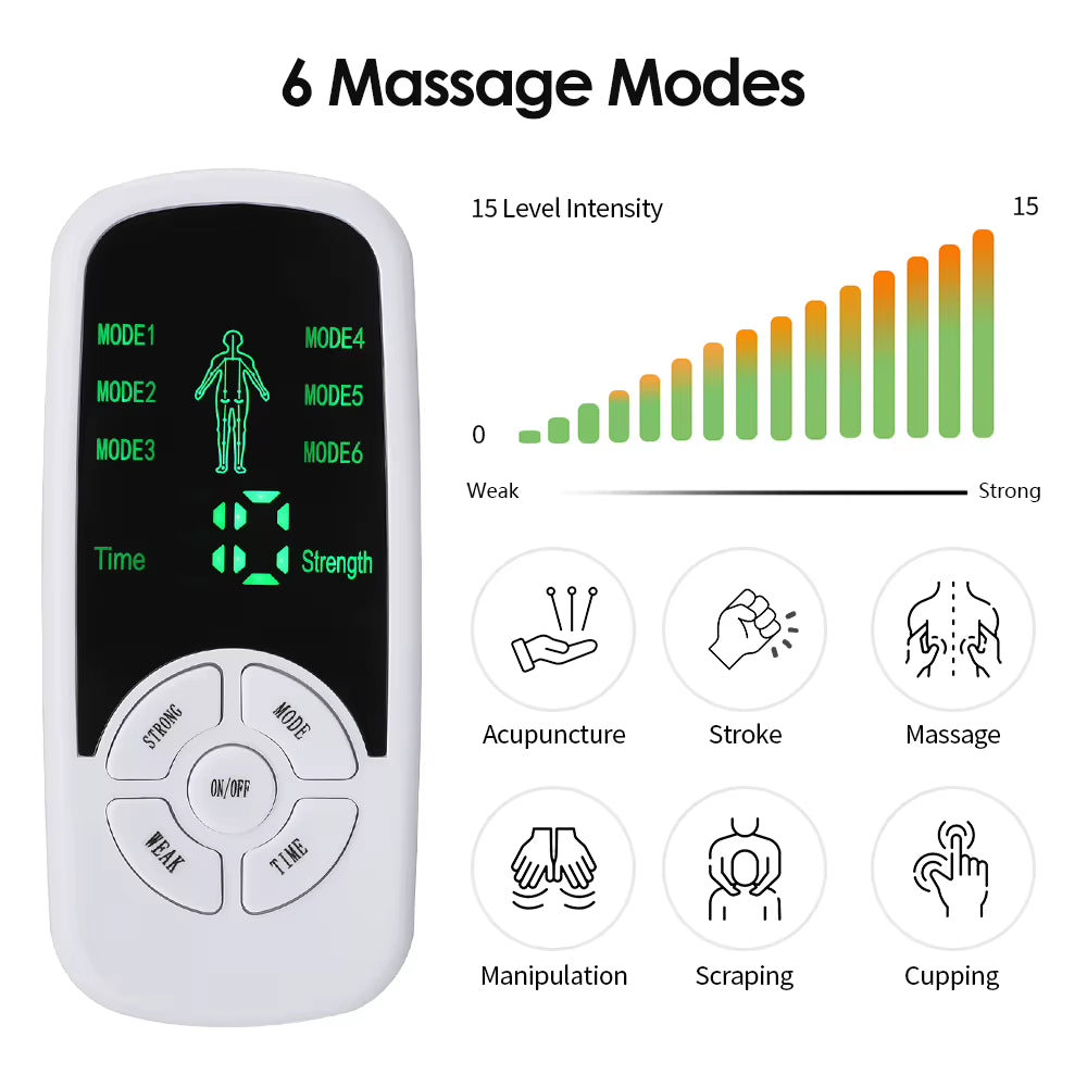Portable TENS & EMS Muscle Stimulator – 6 Modes, 15 Intensity Levels, Timer & LCD Screen